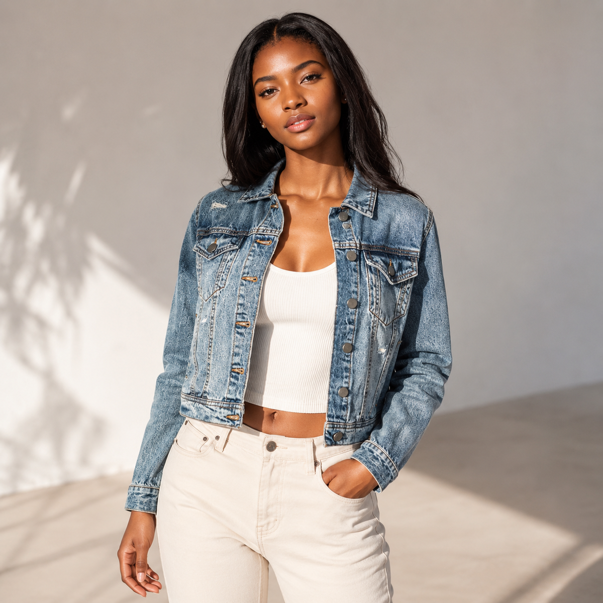 Light Blue Distressed Cropped Denim Jacket