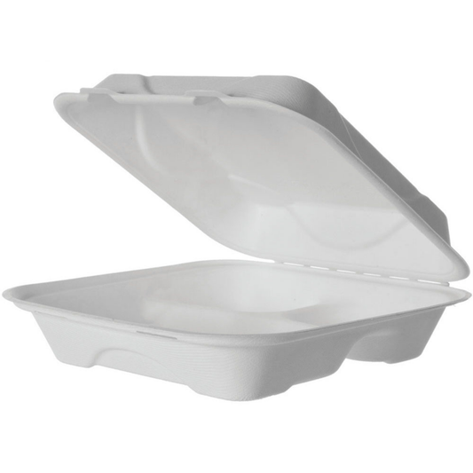 Eco-Products Vanguard Renewable & Compostable Sugarcane Clamshell, 3-Compartment, 9in x 9in x 3in (QTY 200), SKU EP-HC93NFA