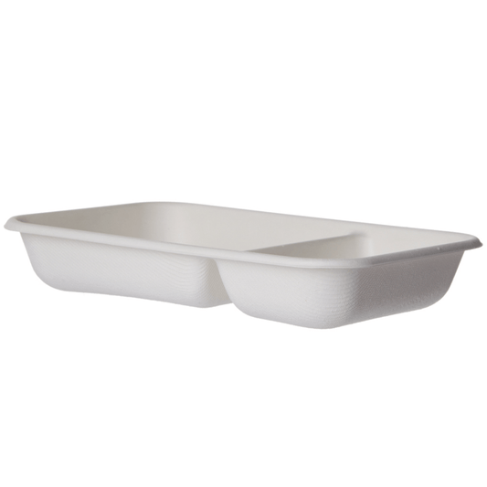 Vanguard WorldView Renewable & Compostable Sugarcane Take-Out Containers - 2-Cmpt 24oz Rectangle (QTY:400)