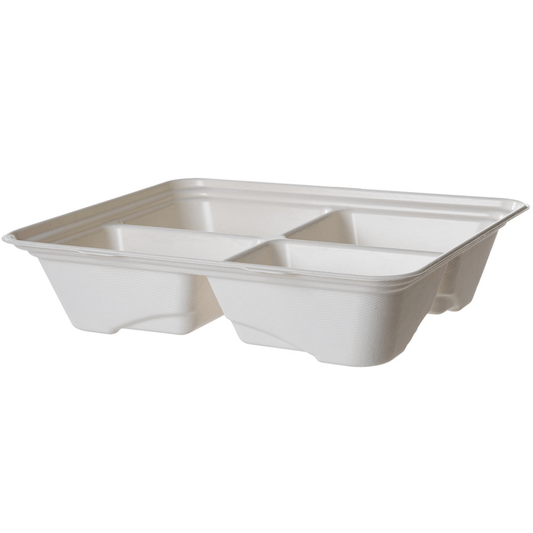 [Out Of Stock until June 2026] Vanguard Regalia Renewable & Compostable Lined Sugarcane Half Pans, 4-Cmpt, 13 x 10 x 3in (QTY:200)