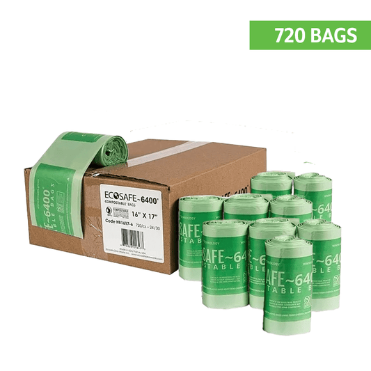 EcoSafe Zero Waste 2.5 Gal Compostable Bags 16x17 for Kitchen Caddies & Countertop Bins (QTY 720), BPI Certified, SKU HB1617-6