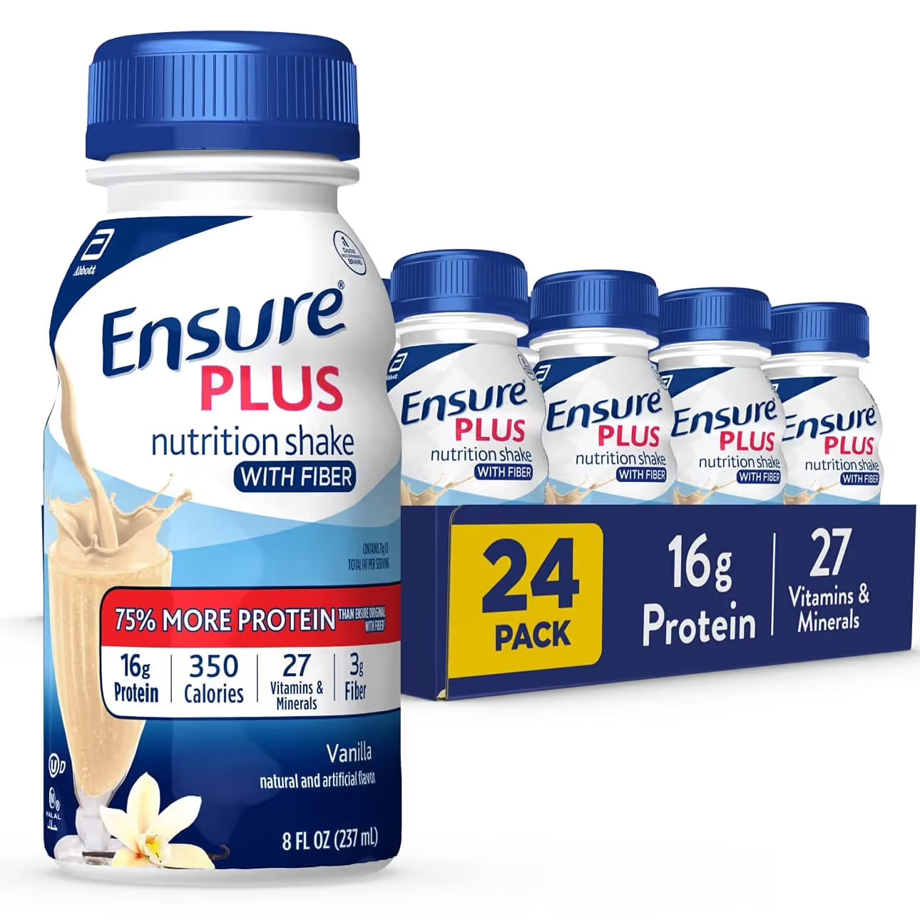 Ensure Plus with Fiber Complete, Balanced Nutrition Shake, Vanilla, 24-Pack of 8 fl oz Bottles