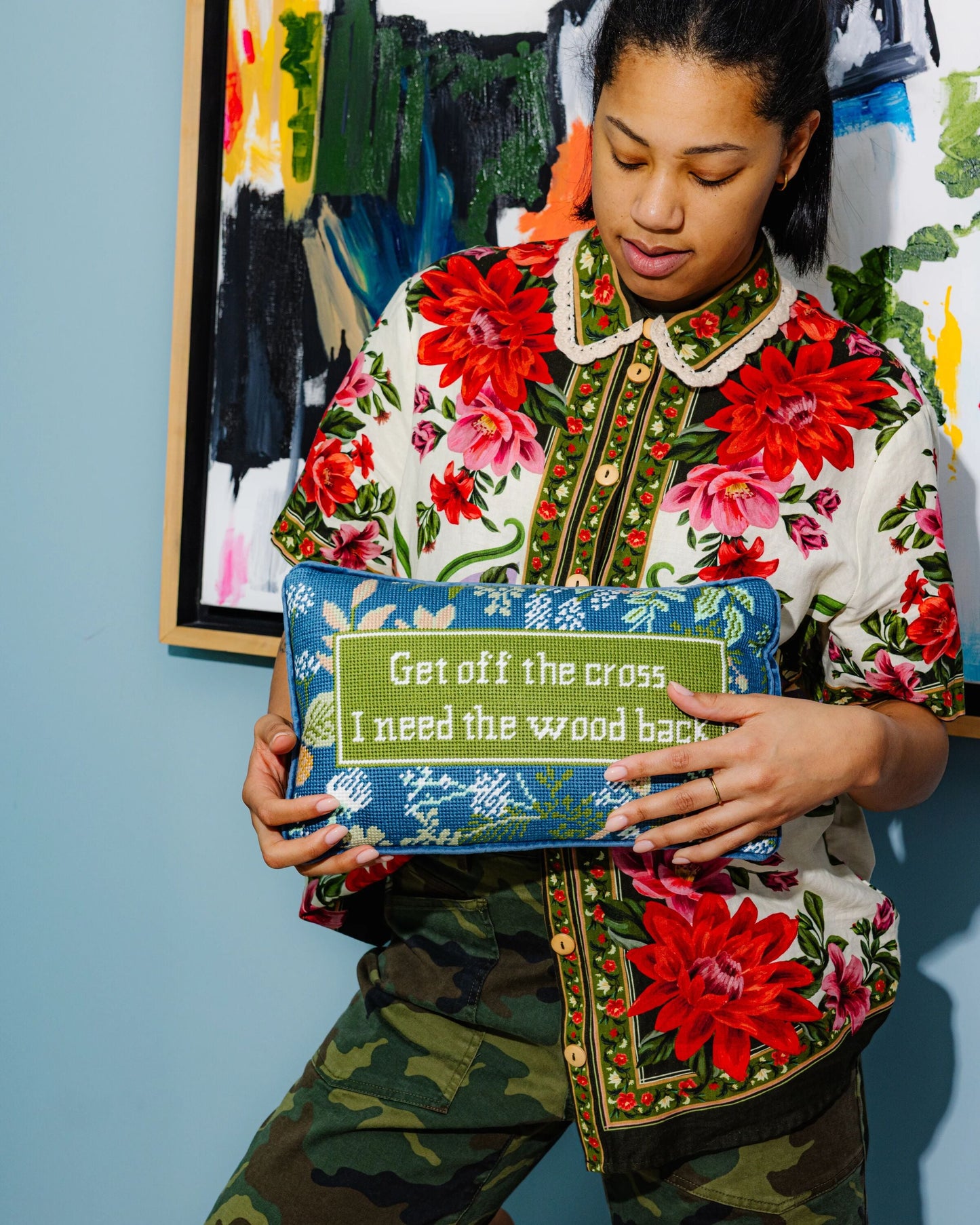 Get Off The Cross Needlepoint Pillow