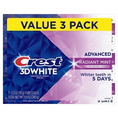 Crest 3D White Advanced Teeth Whitening Toothpaste Radiant Mint 3.3oz/3pk - Missing Box