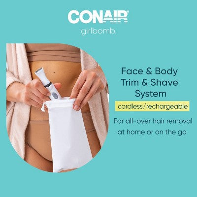 Conair Girlbomb Wet and Dry Cordless Rechargeable Face Shaver with Nose, Ear, Eyebrow and Bikini Trimmer Attachments Set 6pc - Imperfect Box