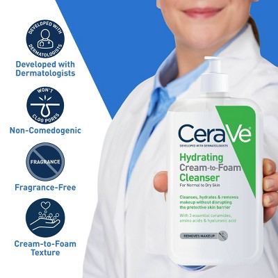 CeraVe Hydrating Cream-to-Foam Face Wash Hyaluronic Acid Normal to Dry Skin 8oz - New