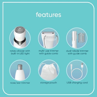 Conair Girlbomb Wet and Dry Cordless Rechargeable Face Shaver with Nose, Ear, Eyebrow and Bikini Trimmer Attachments Set 6pc - Imperfect Box
