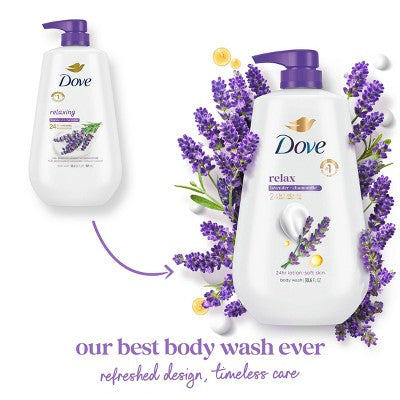 Dove Relax Body Wash Pump Lavender & Chamomile 24hr Lotion-Soft Skin 30.6 fl oz - Imperfect Container