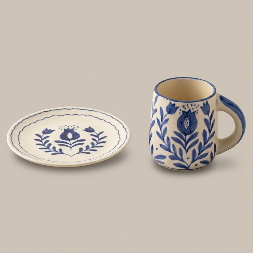Blue Anaar Ceramic Breakfast Set - Coffee Cup & Side Plate (Set of 2)