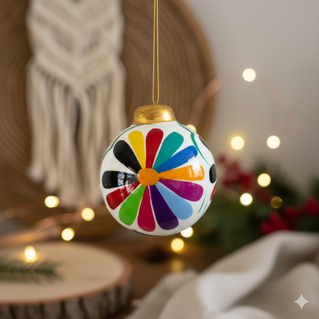 Hand-Painted Ceramic Colorful Sphere Boho Flower Ornament - Mexico