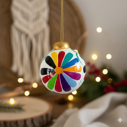 Hand-Painted Ceramic Colorful Sphere Boho Flower Ornament - Mexico