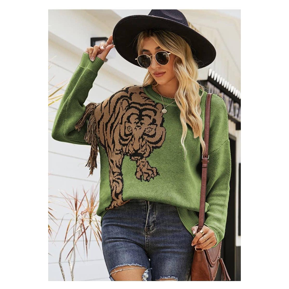 Grrr! Fringed Tiger Sweater in Green or Red [Sizes M-XL]