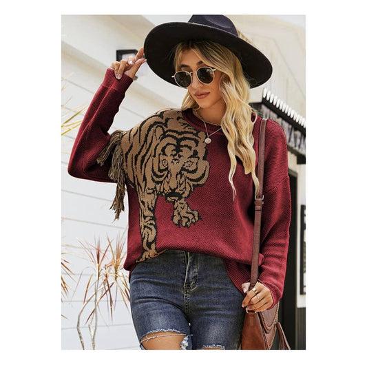 Grrr! Fringed Tiger Sweater in Green or Red [Sizes M-XL]
