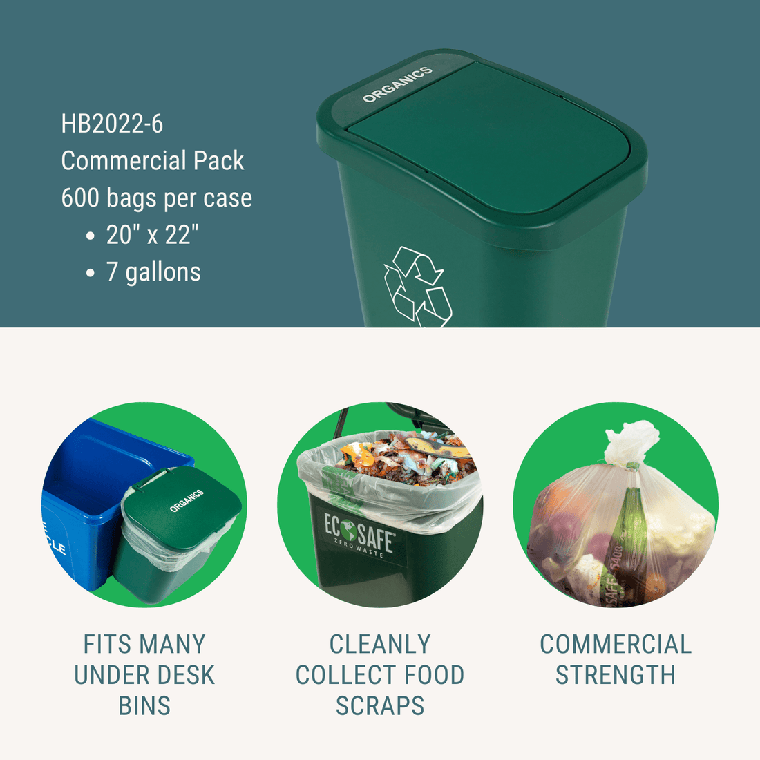 EcoSafe Zero Waste 7 Gallon Compostable Bags 20x22" (QTY 600), SKU HB2022-6