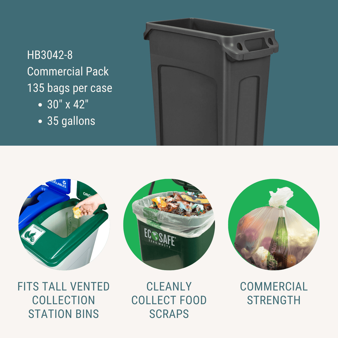 EcoSafe Zero Waste 35 Gallon Compostable Bags 30x42 (QTY 135), SKU HB3042-85