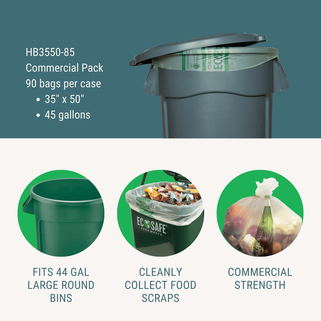 EcoSafe Zero Waste 45 Gallon Compostable Bags 35x50 for Residential Bins (QTY 90), BPI Certified, SKU HB3550-85