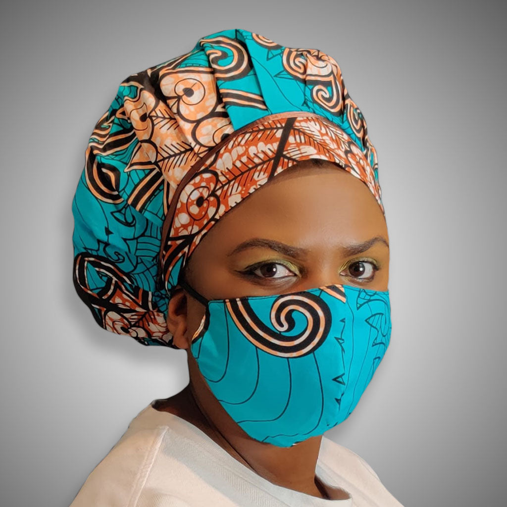 Kente Bonnet & Face Mask (Turquoise Aqua Blue)