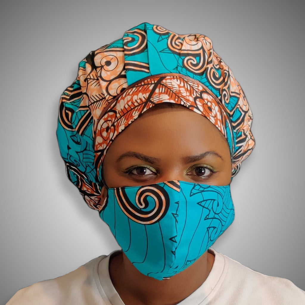 Kente Bonnet & Face Mask (Aqua Blue & Red)