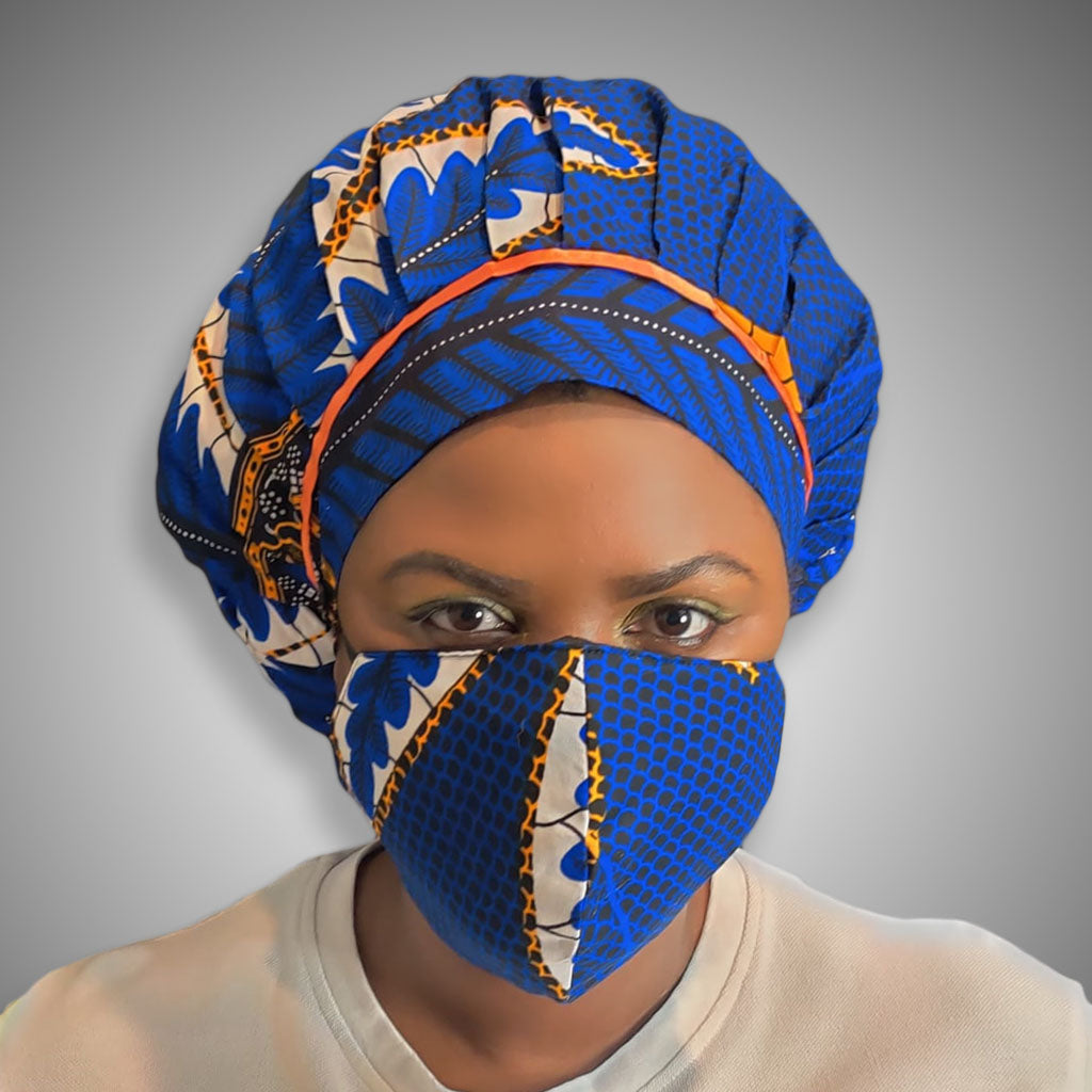 Kente Bonnet & Face Mask (Aqua Blue & Red)