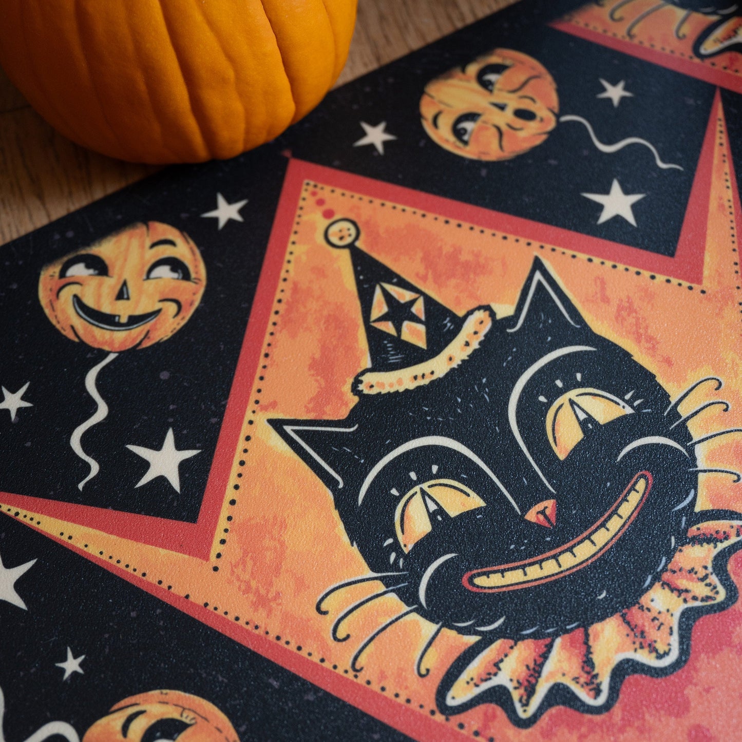 Grinning Black Cat Jack Harlequin Vinyl Floor Decor 52" x 76"