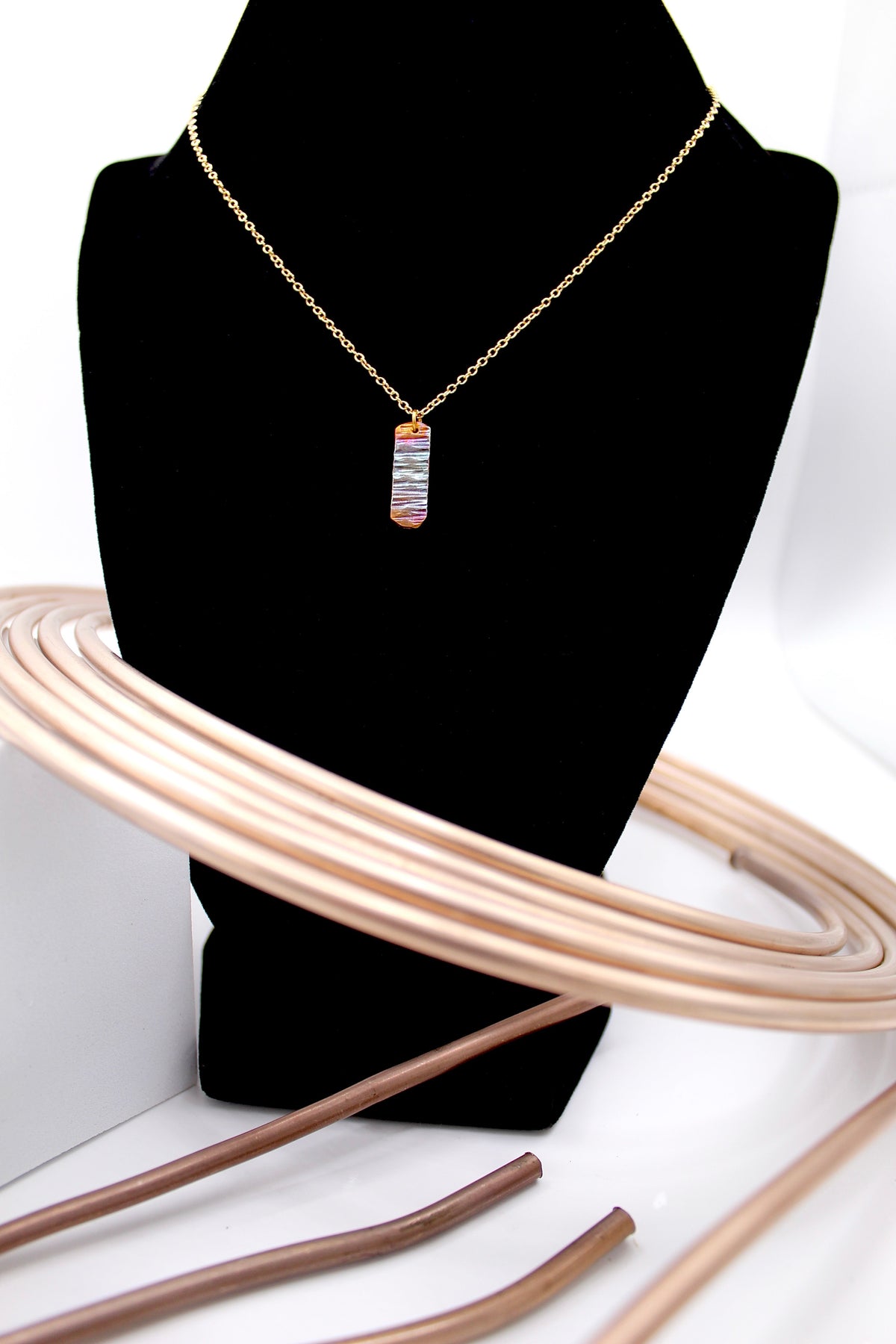 Refined Through Fire Necklace | Repurposed Automotive Copper Brake Line | Gold Plated Chain