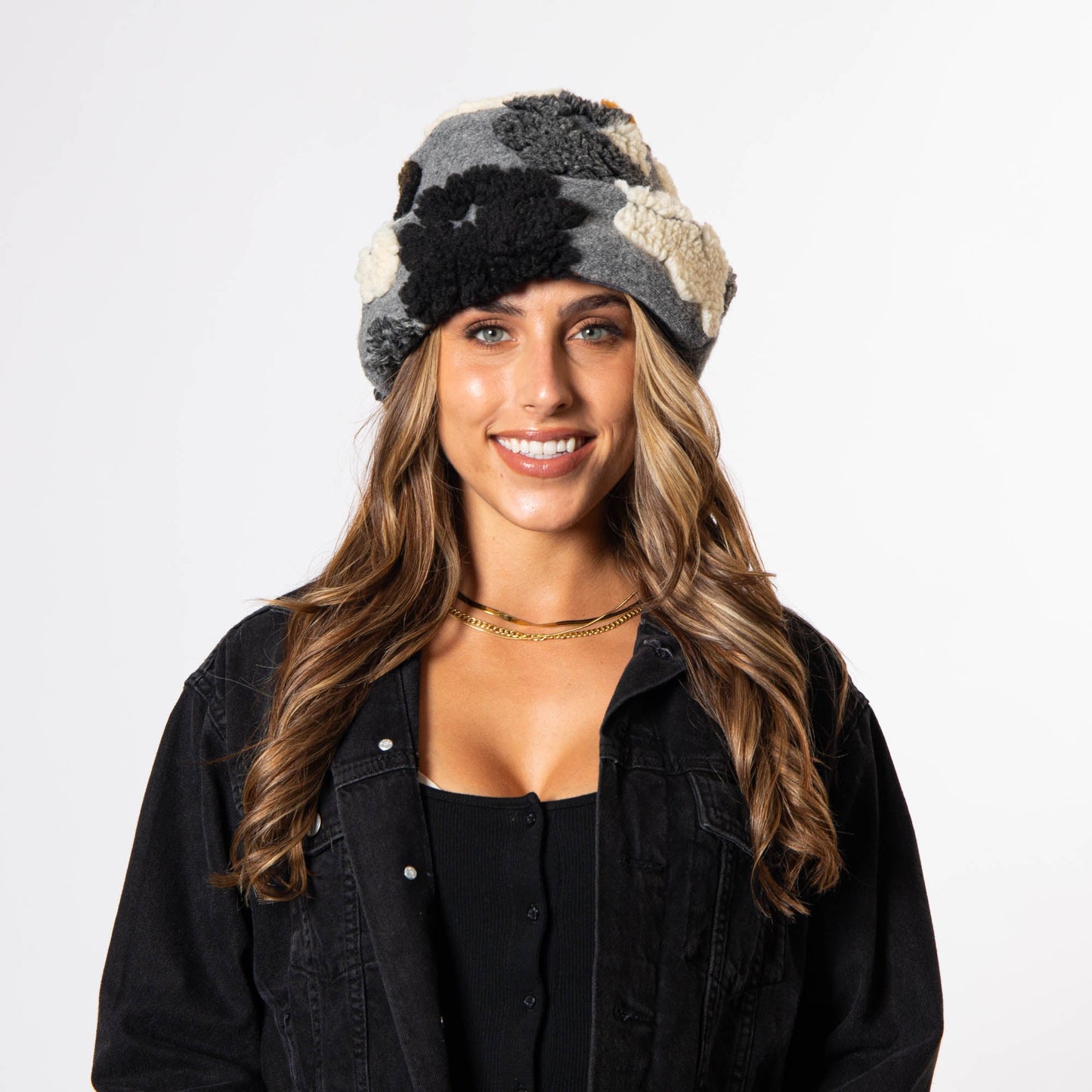 Keyes - Wool Blend Cuffed Beanie with Sherpa Flowers - KNH8084