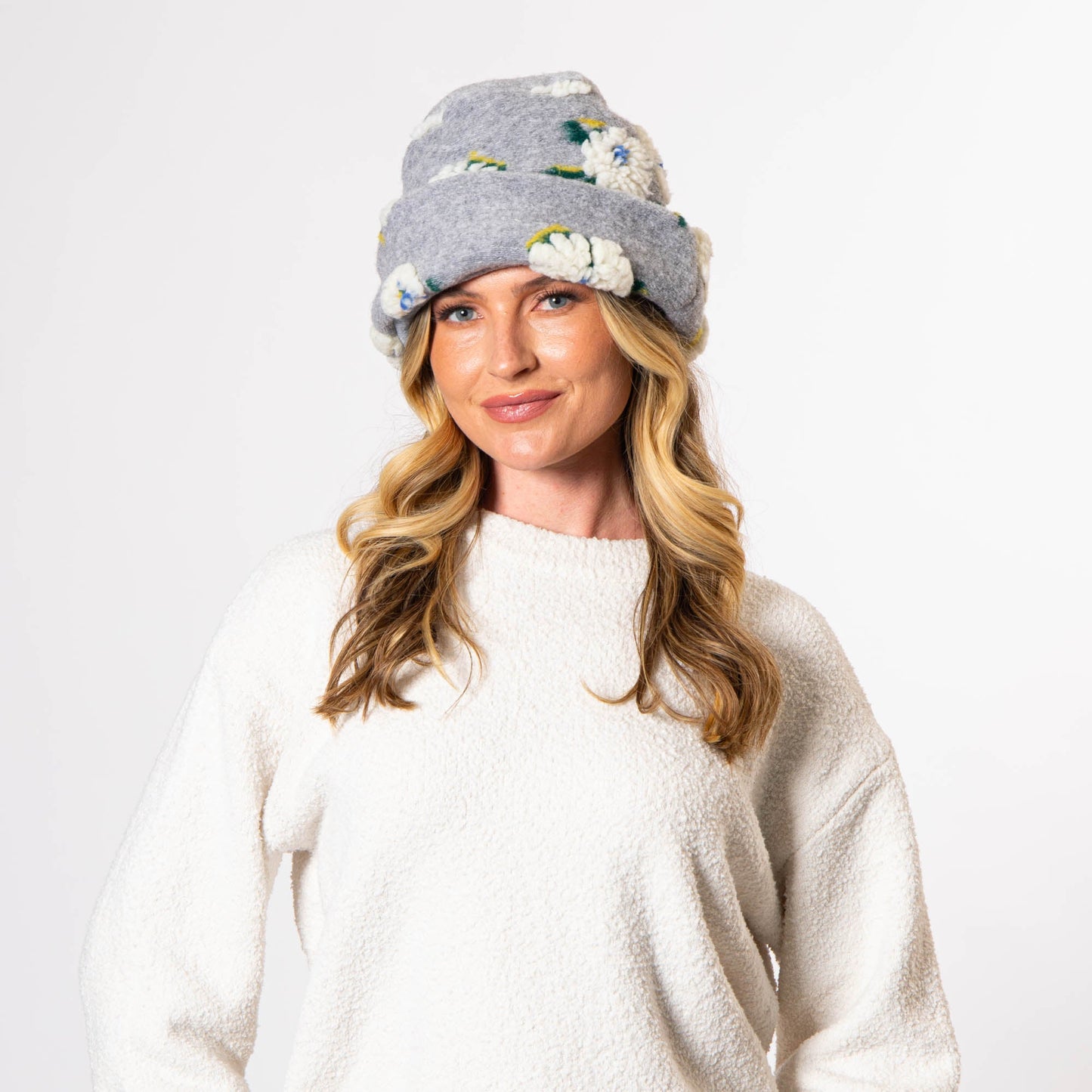 Keyes - Wool Blend Cuffed Beanie with Sherpa Flowers - KNH8084