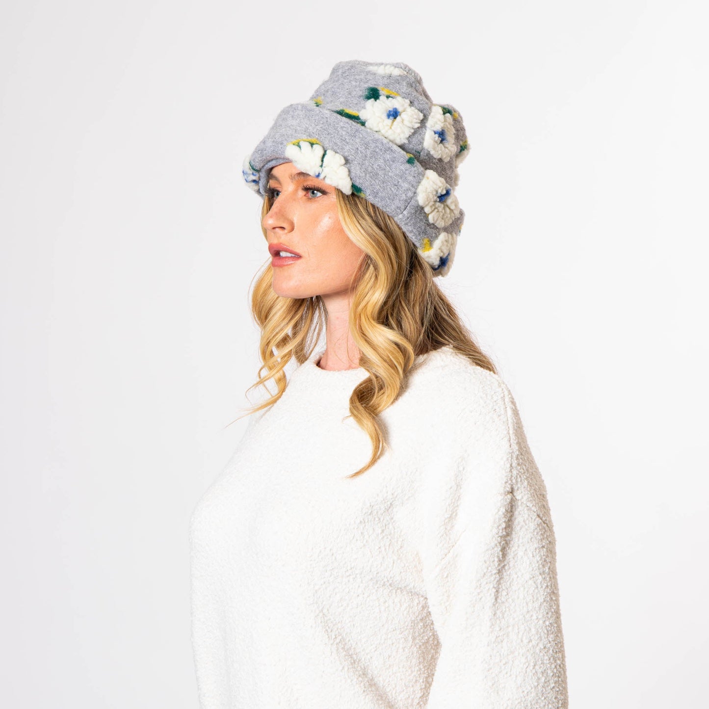 Keyes - Wool Blend Cuffed Beanie with Sherpa Flowers - KNH8084