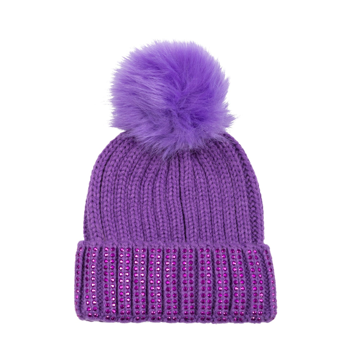 Kids Jeweled Beanie With Faux Fur Pom