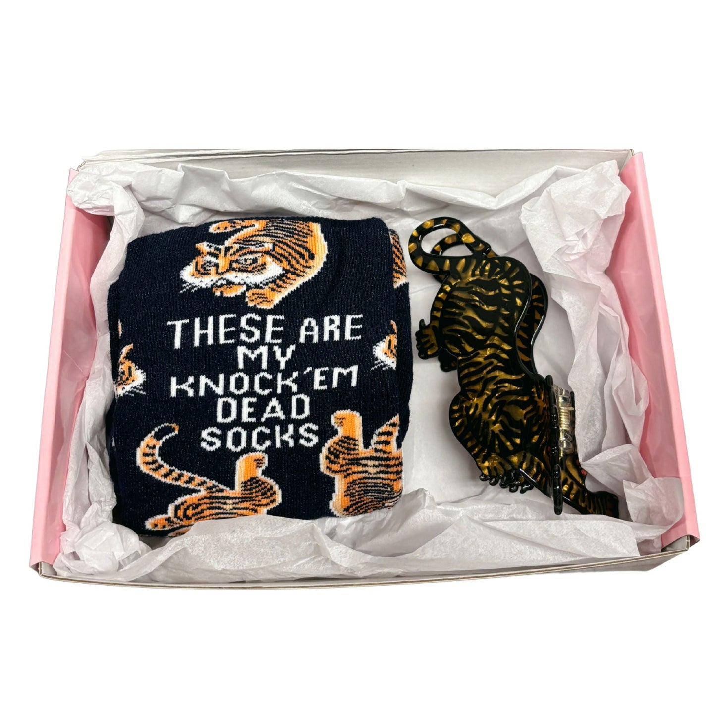 Knock Em Dead Tiger Gift Box | Hair Claw and Socks Giftable Bundle