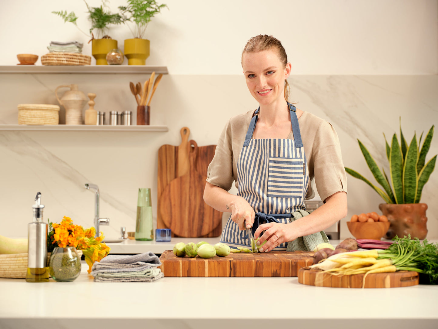 Bib Apron with Pockets - Striped