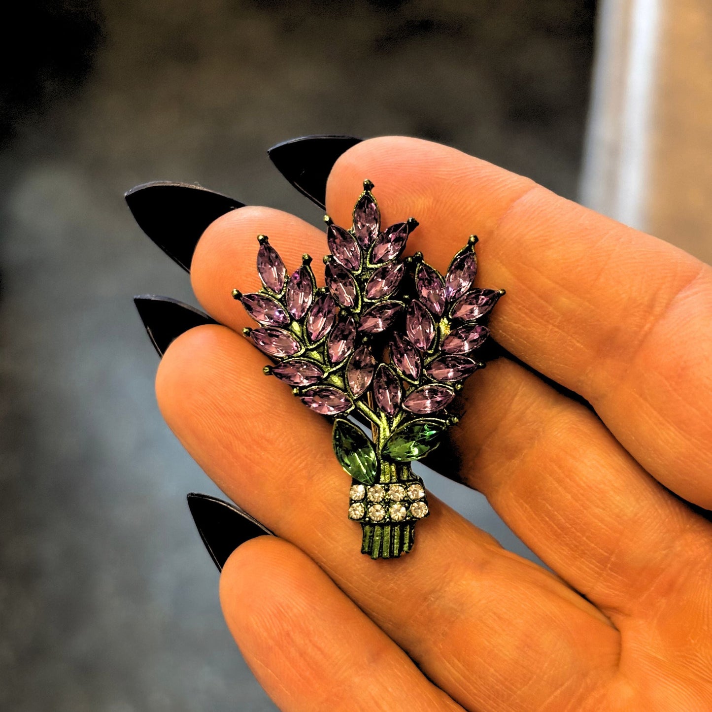 Lilac Brooch Pin 2" Purple Gemstone Floral Jewelry | Vintage Metal Alloy