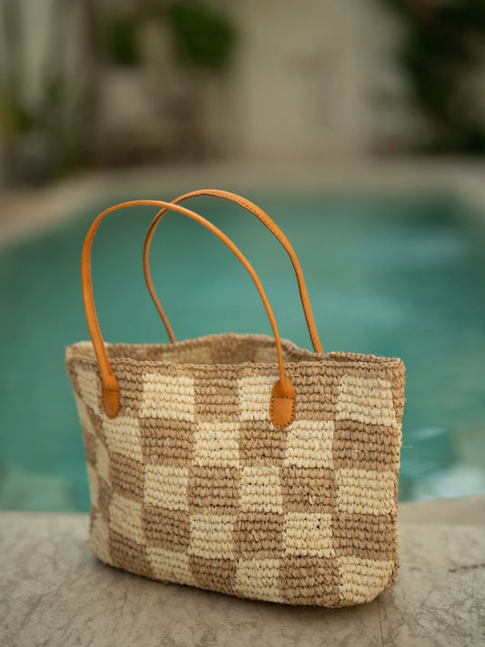 Lindsey Checker Raffia Tote