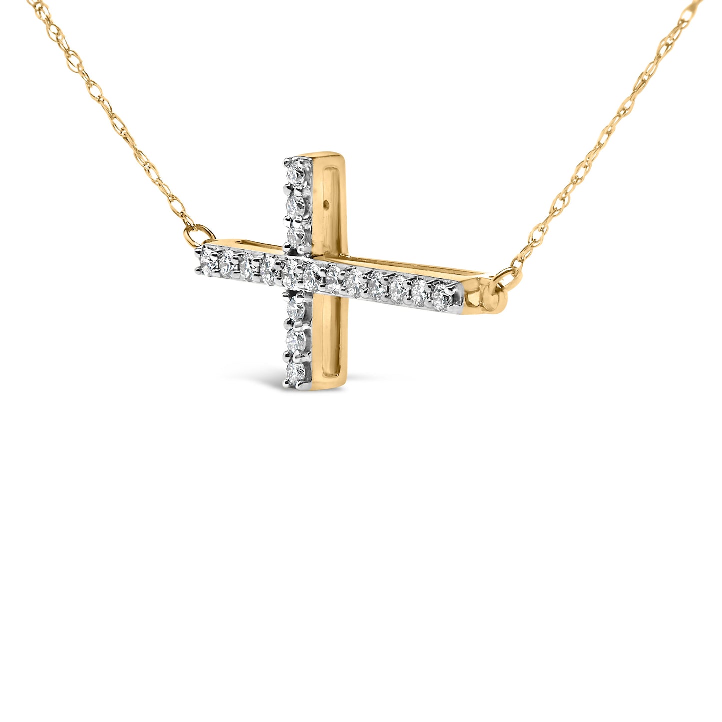 10K Yellow Gold 1/5 Cttw Diamond Sideways Cross Pendant Necklace