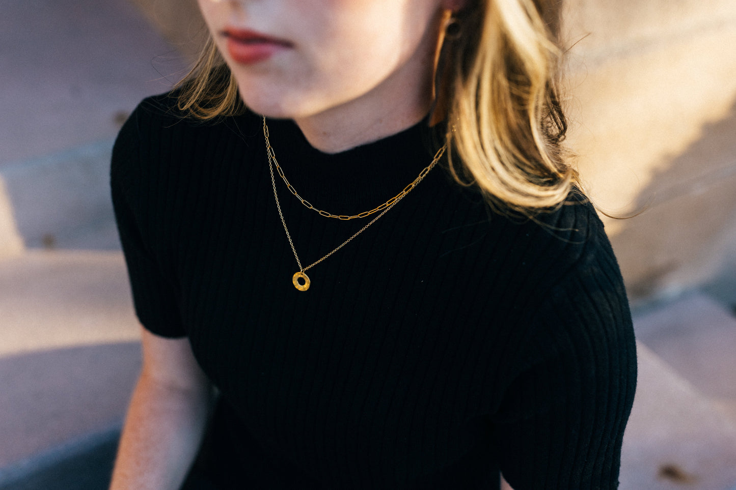Harmony  Necklace | Recycled Auto Brass Washer | 18K Gold Plated Two Strand Chain & Pendant