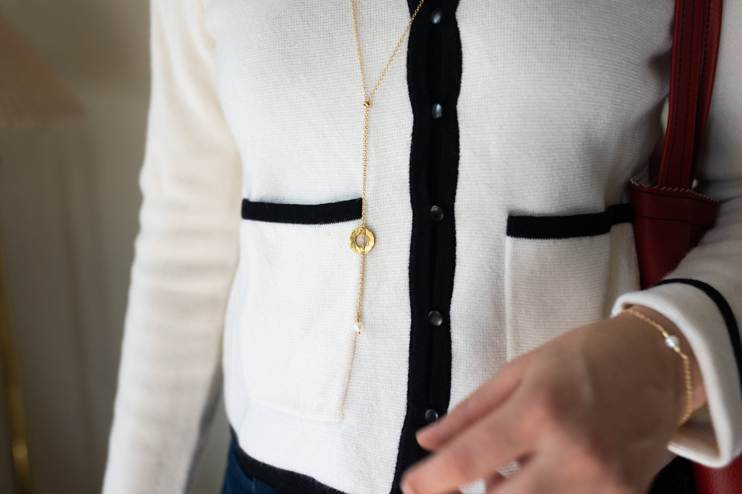 Promise Lariat Necklace | Freshwater Pearl & Repurposed Brass Auto Parts | Gold Plated Chain