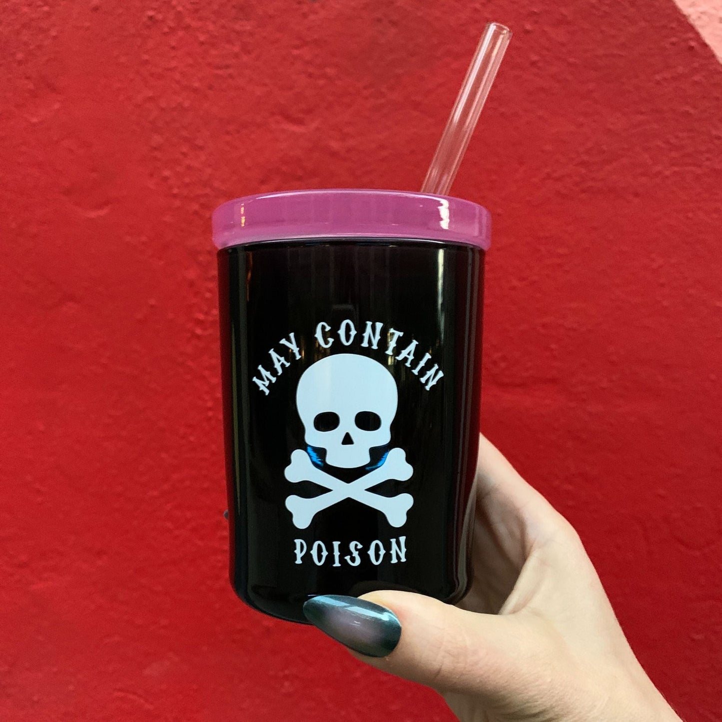 May Contain Poison Glass Double Old Fashioned with Lid and Straw