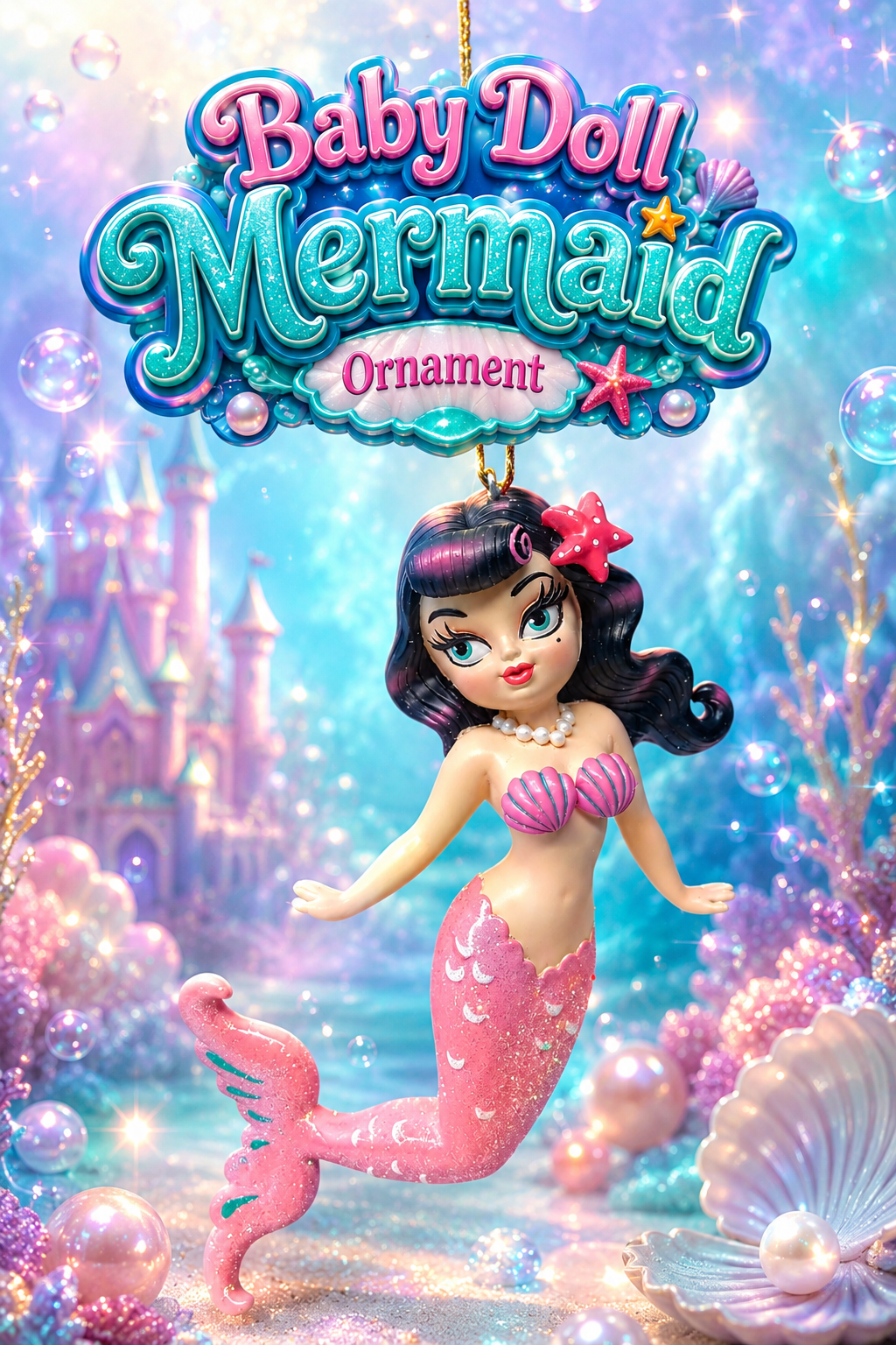 Cora 5.5" Brunette Baby Doll Mermaid Ornament | Miss Fluff December Diamonds