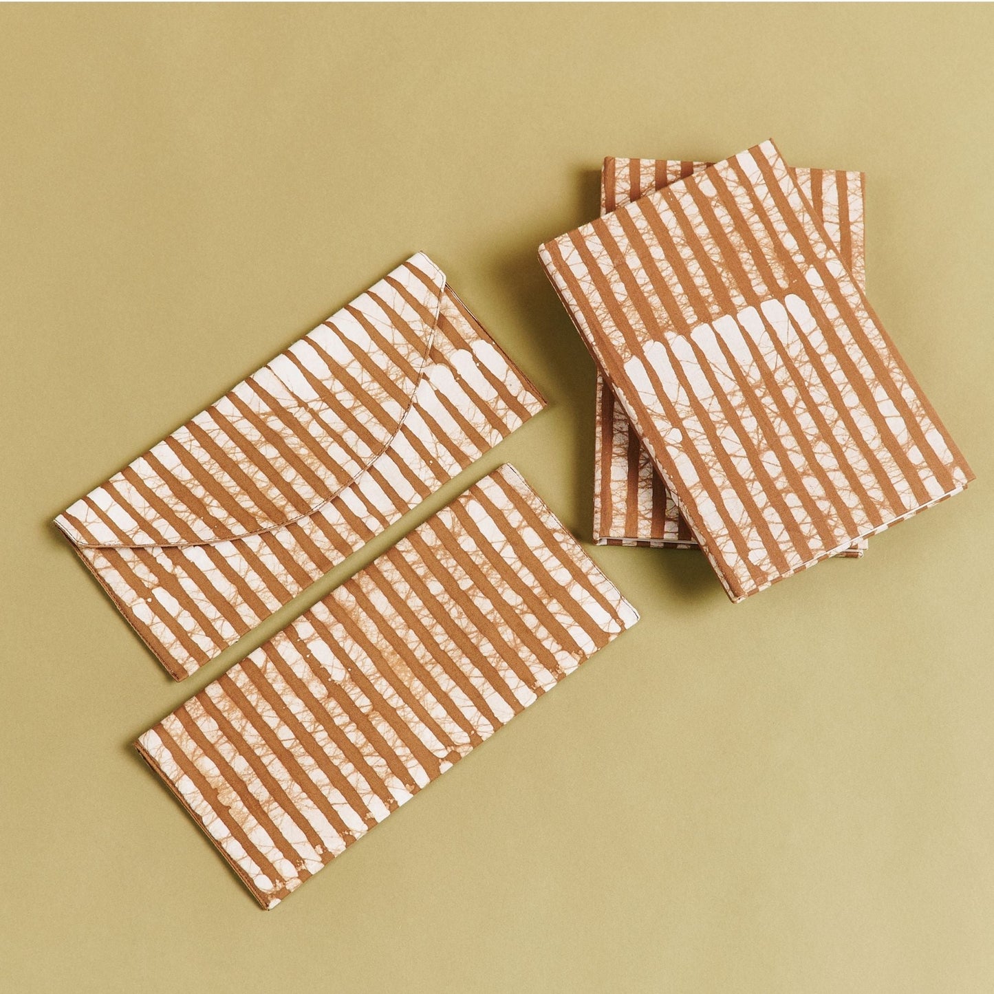 Oak Brown Stripes Cotton Wax Block Printed Zero Waste Envelope Pouch