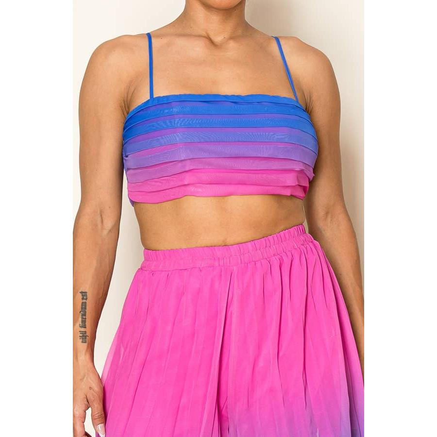 Ombre Pleated Bra Top & Wide Leg Pants Set | Rainbow Summer Beach Pool Attire