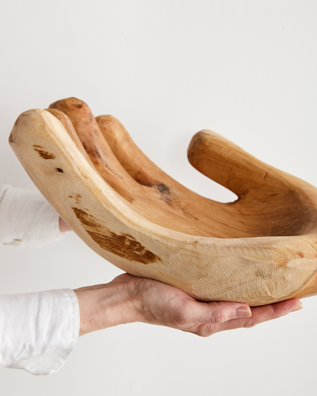 Open Hand Hand-Carved Wooden Bowl Sculpture