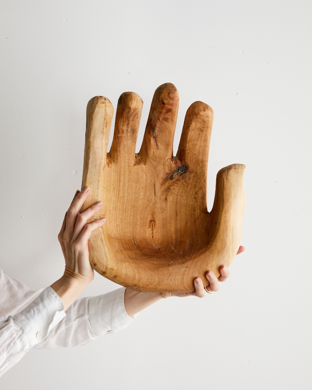 Open Hand Hand-Carved Wooden Bowl Sculpture