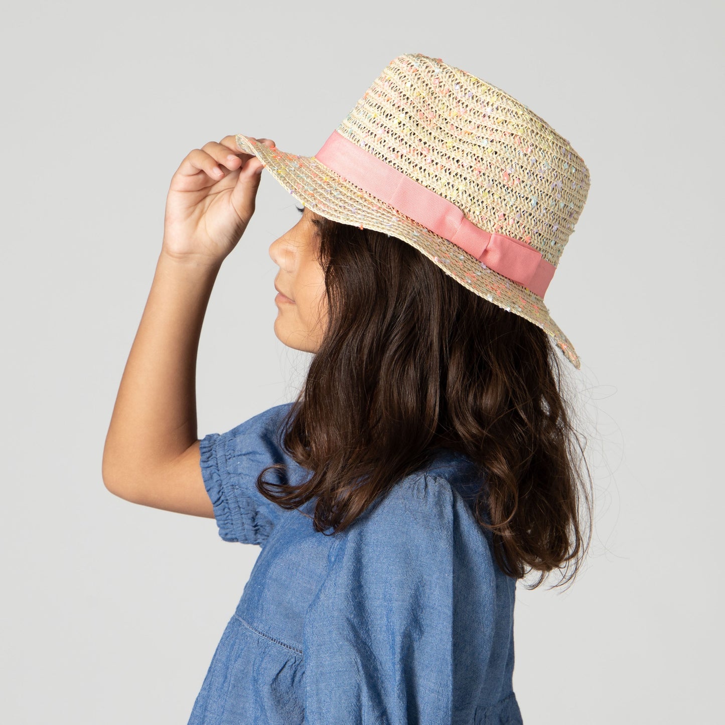 5-7 Yr Kid's Paperbraid Multi-color Fedora with Blush Band/Bow