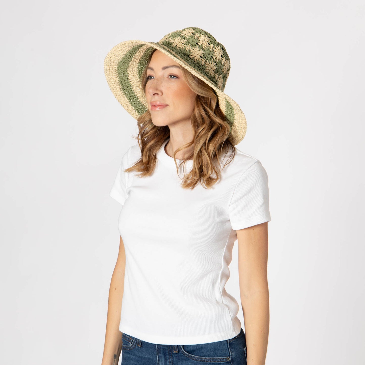 Women's Striped & Floral Crochet Bucket Hat