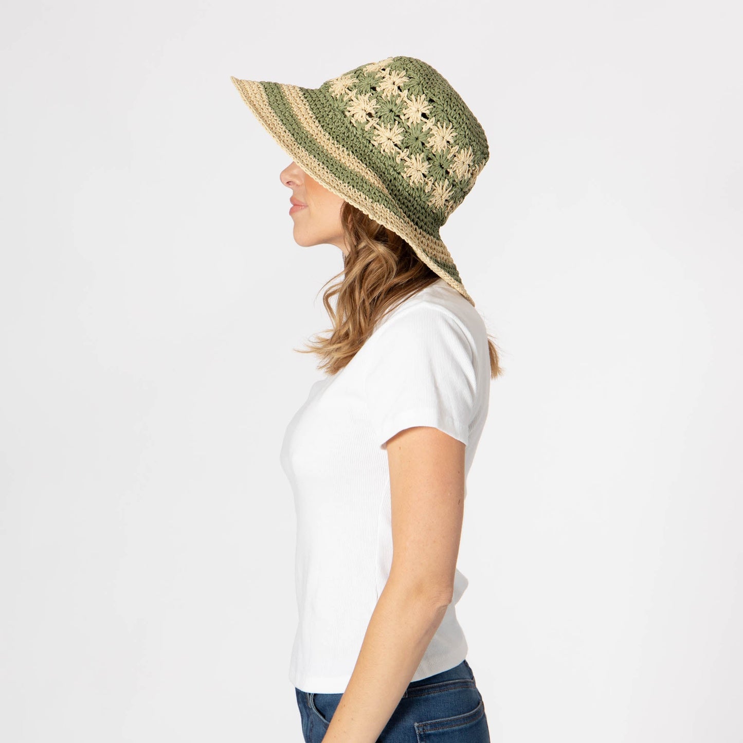Women's Striped & Floral Crochet Bucket Hat