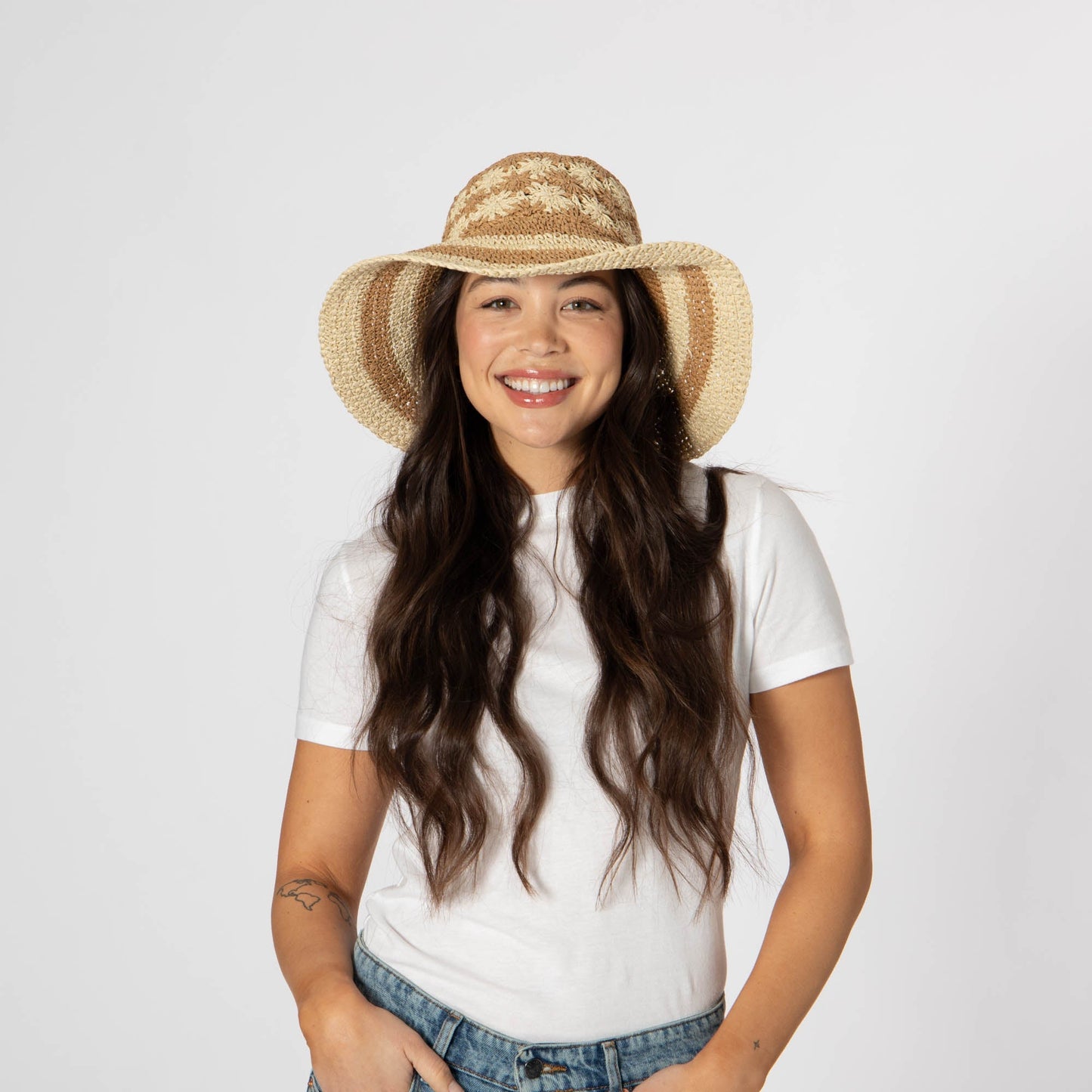 Women's Striped & Floral Crochet Bucket Hat