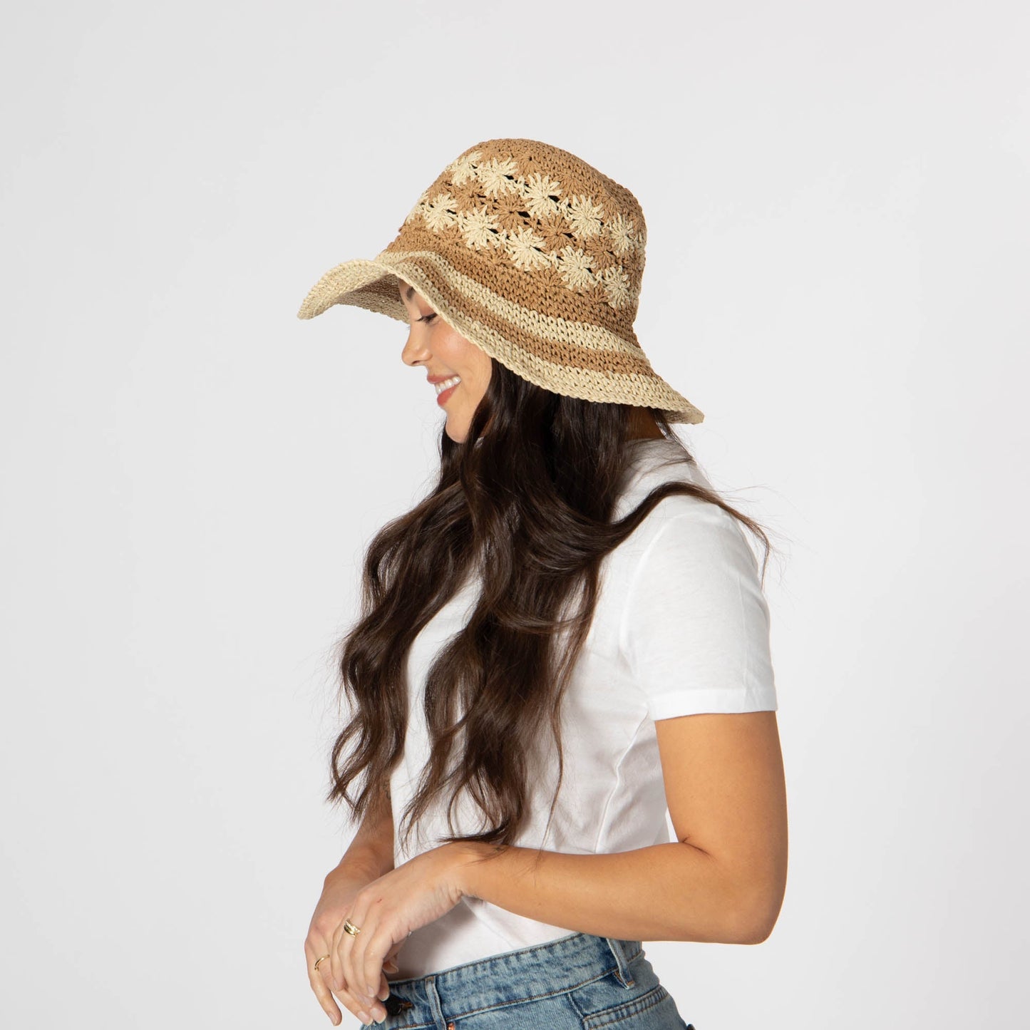 Women's Striped & Floral Crochet Bucket Hat