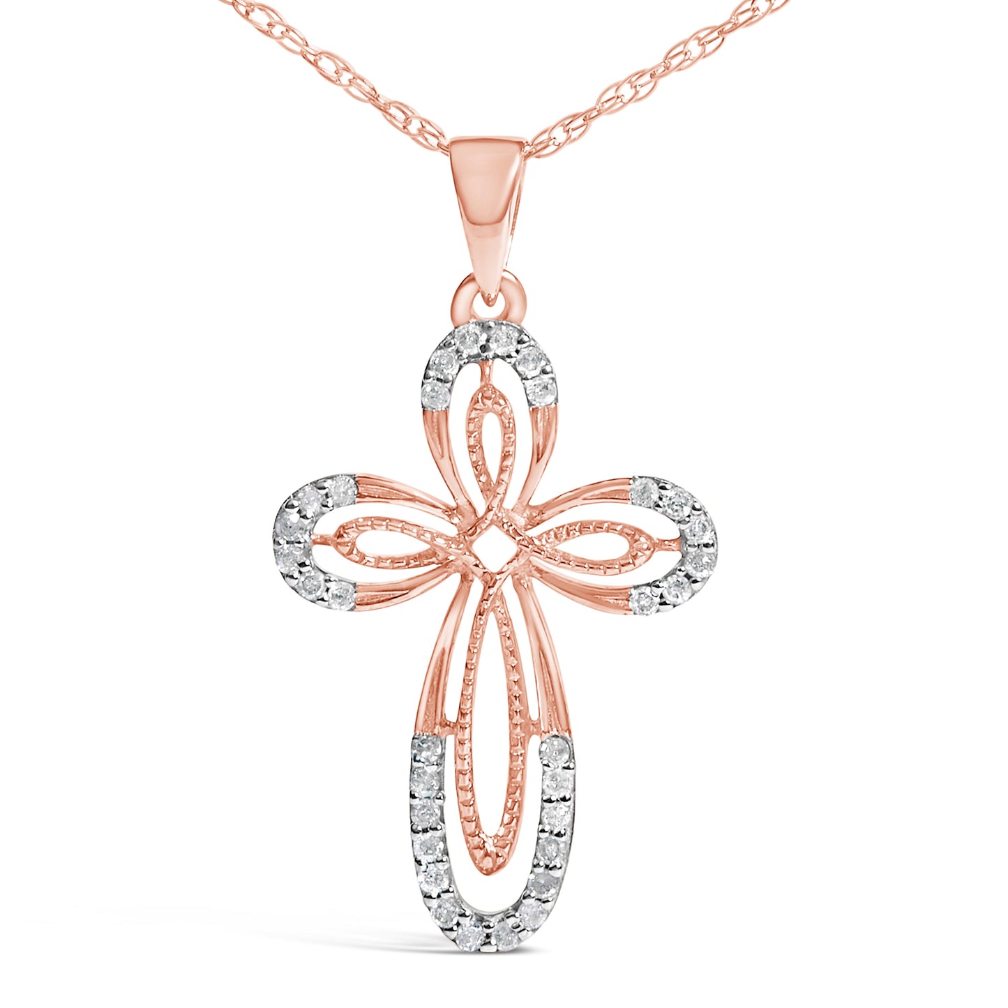 10K Rose Gold Plated Sterling Silver 1/6 Cttw Diamond Double Loop Cross Pendant Necklace
