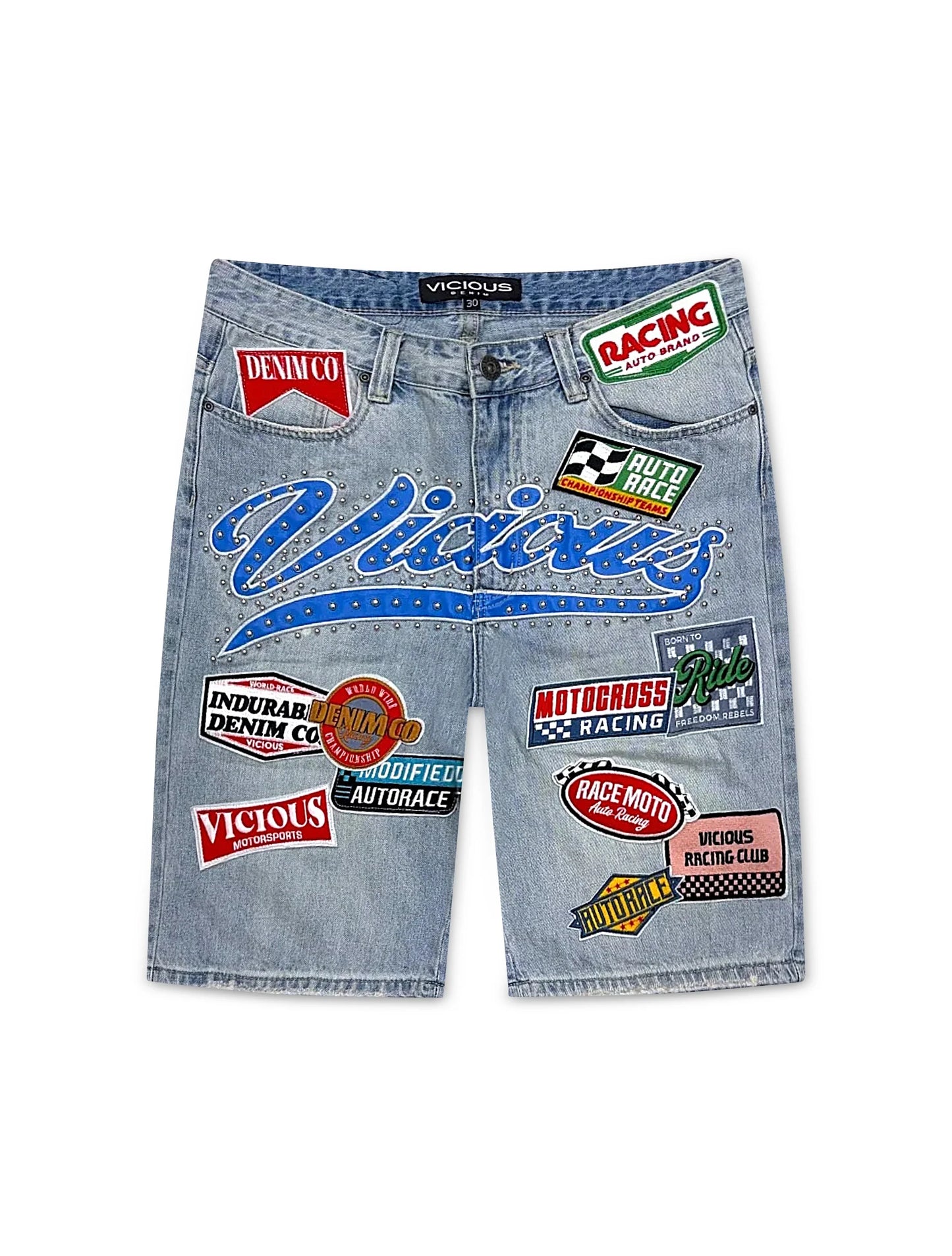 Vicious Denim Patch Shorts - Light Blue