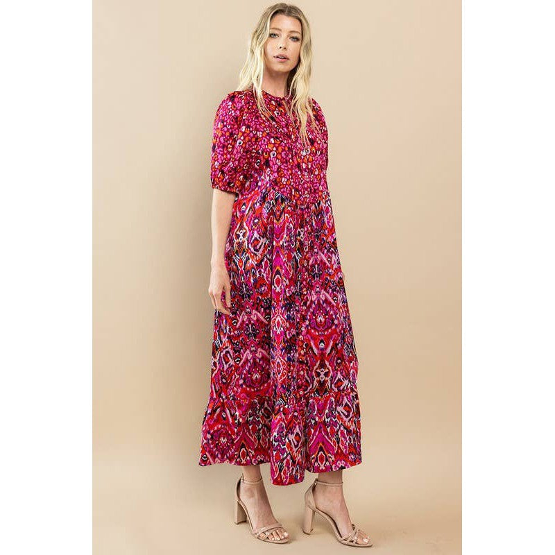 Printed Ruffle Hem Short Sleeve Midi Dress in Red [Size SM-L]
